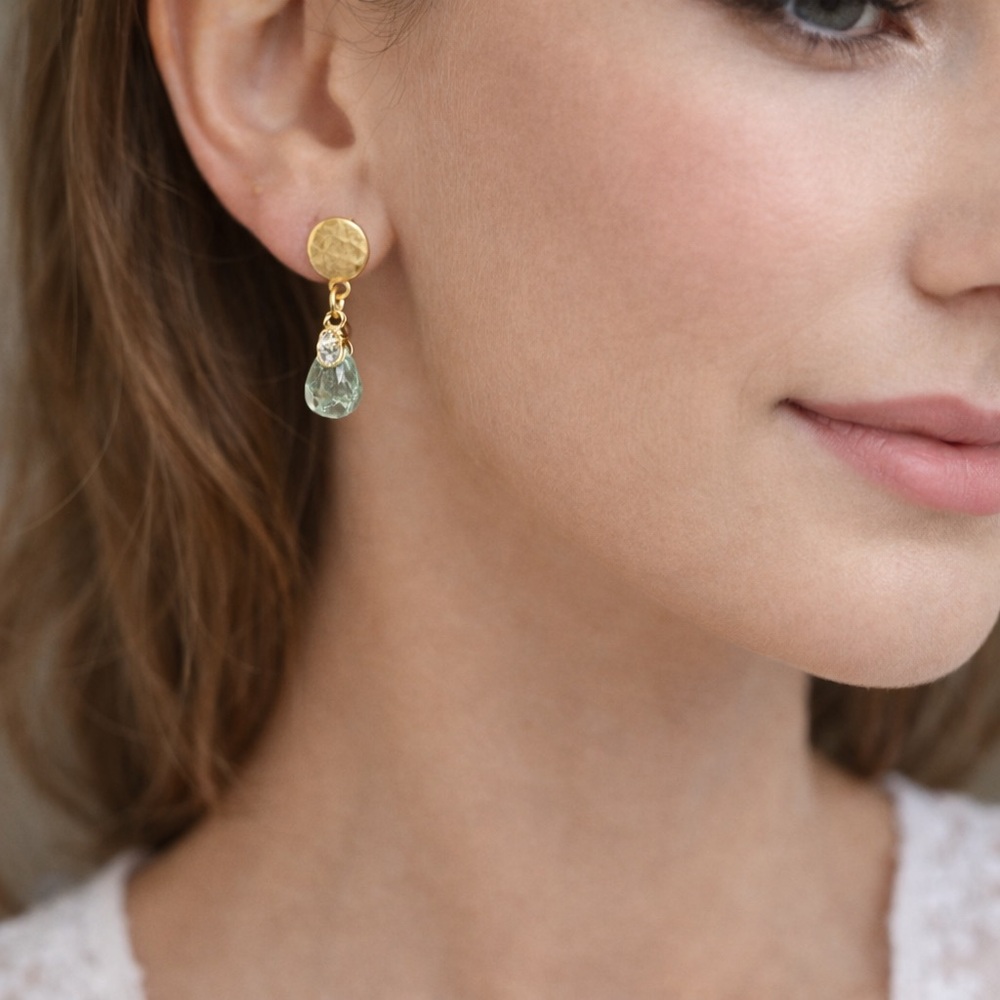 Green Aquamarine CZ Earrings 24K Gold Over Sterling Silver Matana Handmade